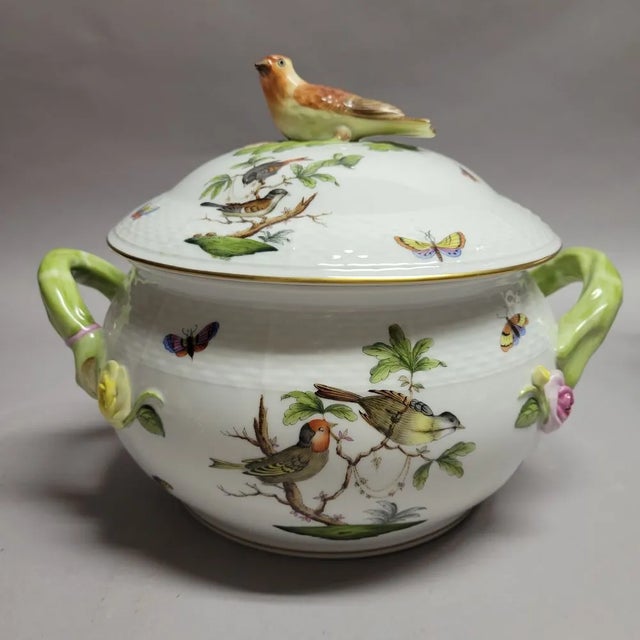 Large Herend Rothschild Bird hand-painted porcelain covered tureen, handcrafted in Hungary and decorated in the celebrated...
