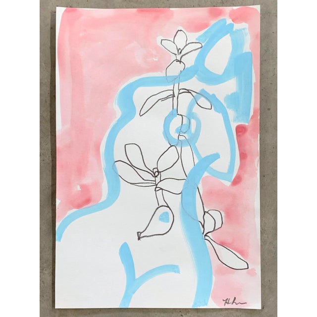 Delicate drawing of a figure with florals celebrating summer. Watercolor, pencil and paint pen on paper.