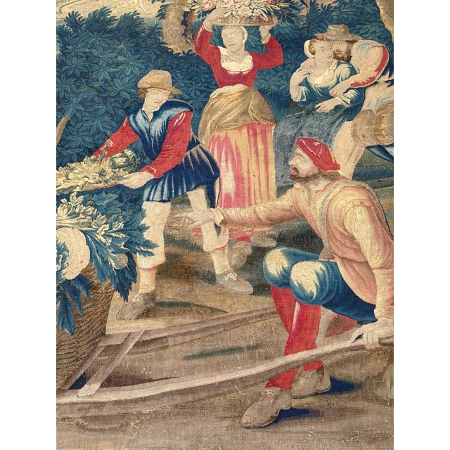 Baroque 17th Century Brussels Tapestry With Figures and Floral Harvest For Sale - Image 3 of 10