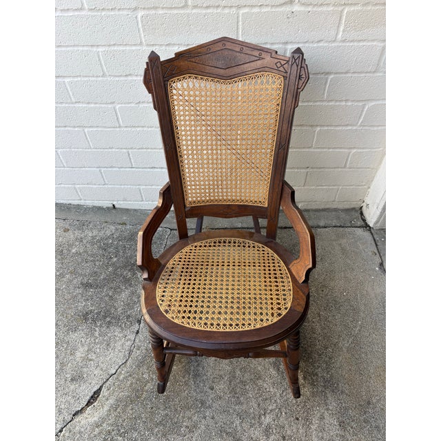 Wood Antique Victorian Wooden & Cane /Rattan Rocking Chair For Sale - Image 7 of 8