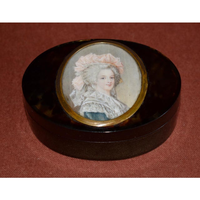 Mid 19th Century Antique Tortoiseshell Ivory Box French Hand Painted Portrait Miniature Lady For Sale - Image 5 of 15