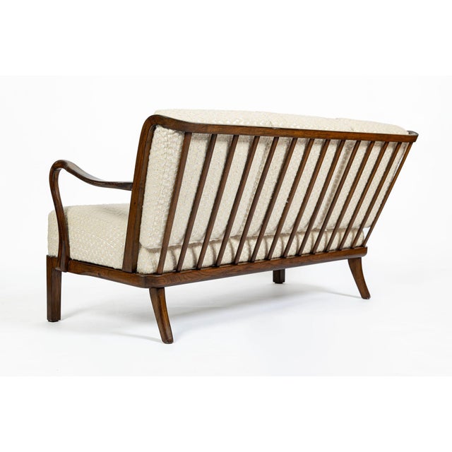 Wood Danish Modern Solid Walnut Spindle Back Sofa in Schumacher Fabric, Circa 1960 For Sale - Image 7 of 18