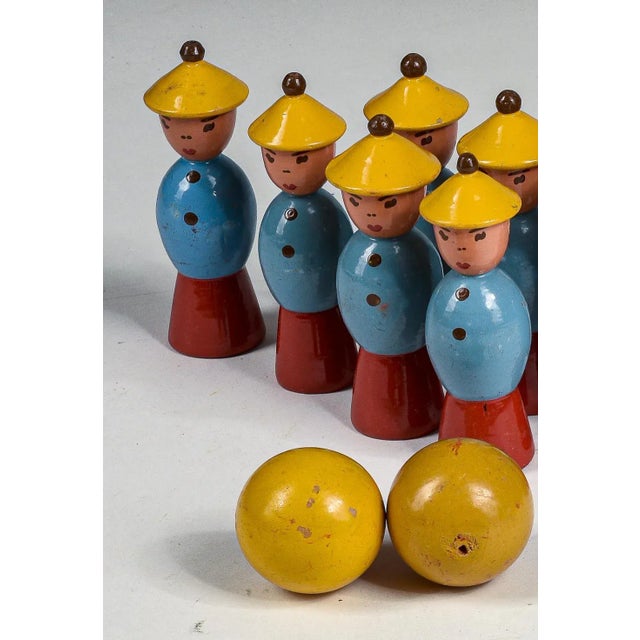 Blue Toy Bowling Game with Figures in Yellow Hats and Balls, 1940s, Set of 12 For Sale - Image 8 of 9
