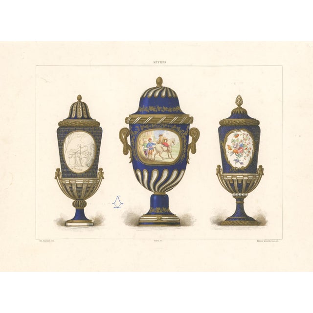 Original 19th-century French decorative-arts plate titled SÈVRES, depicting three cobalt-blue and gilt Sèvres covered urns...