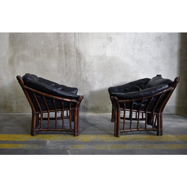 Mid-Century Modern Vintage Leather and Rattan Chairs and Coffee Table, 1970s, Set of 3 For Sale - Image 3 of 12