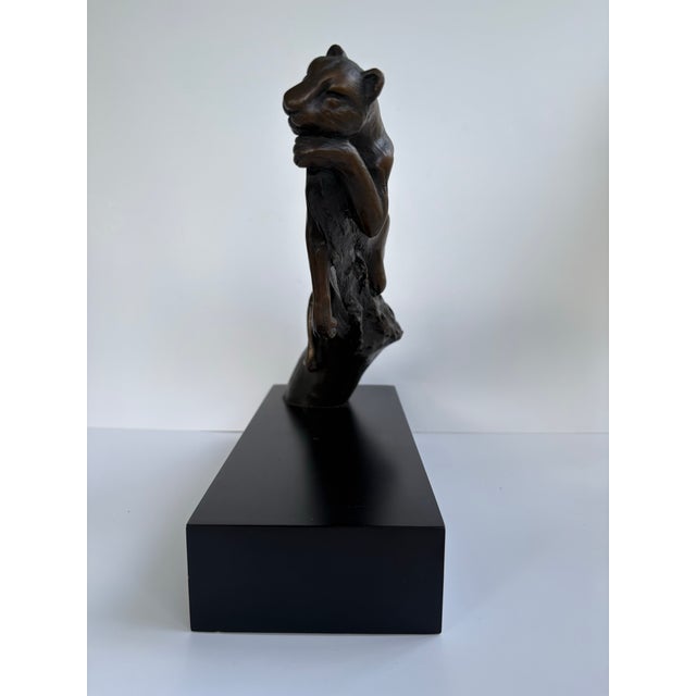 Metal Vintage Bronze Finish Reclining Panther Sculpture on Modernist Base For Sale - Image 7 of 10
