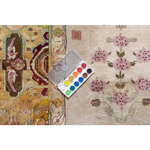 Antique Mid 1800s Allover Botanical Figurative Tan Burgundy Mustard Hand Knotted Wool Low Pile Rug 13’11“ X 15’1“ For Sale - Image 9 of 11
