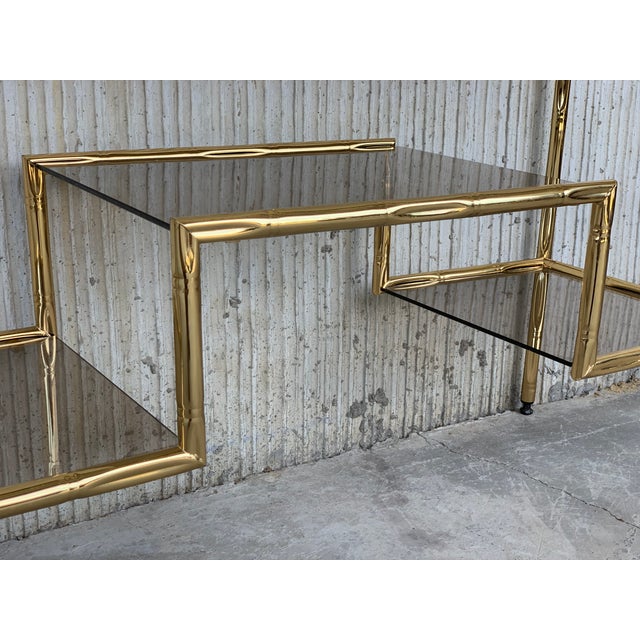 Mid-Century Modern Italian Faux Bamboo Gilt Metal Console With Smoked Glass For Sale - Image 12 of 13