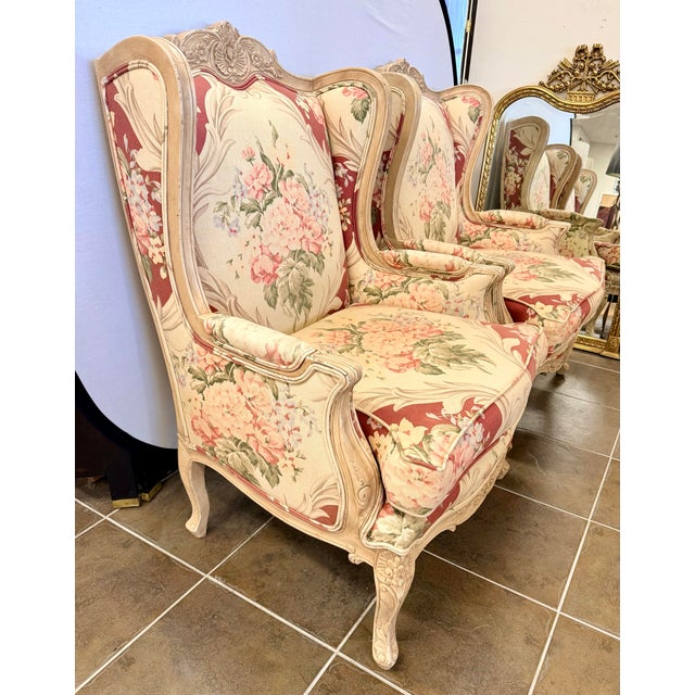 Pair of French Louis XV Style Floral Bergeres Chairs With Matching Ottomans For Sale - Image 9 of 9
