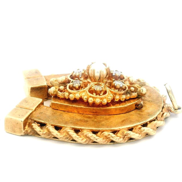 Antique 1880s 14k Rose Gold Horseshoe Locket Pendant With Diamonds & Pearl For Sale - Image 13 of 15