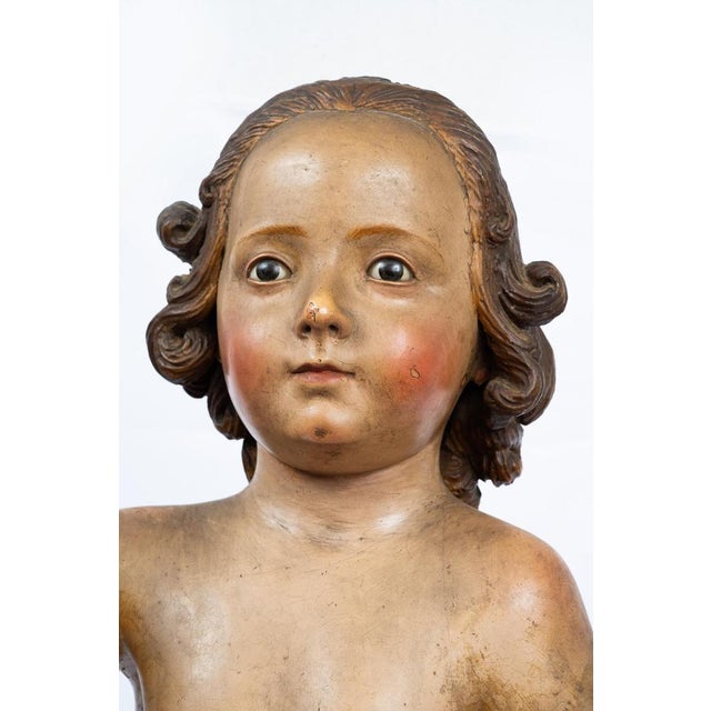 Antique 18th Century Neapolitan Polychrome Wooden Sculpture of the Blessing Child For Sale - Image 6 of 7