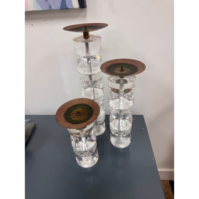 Vintage Lucite and Brass Candlestick Holders, Set of 3 Graduating Sizes For Sale - Image 4 of 10
