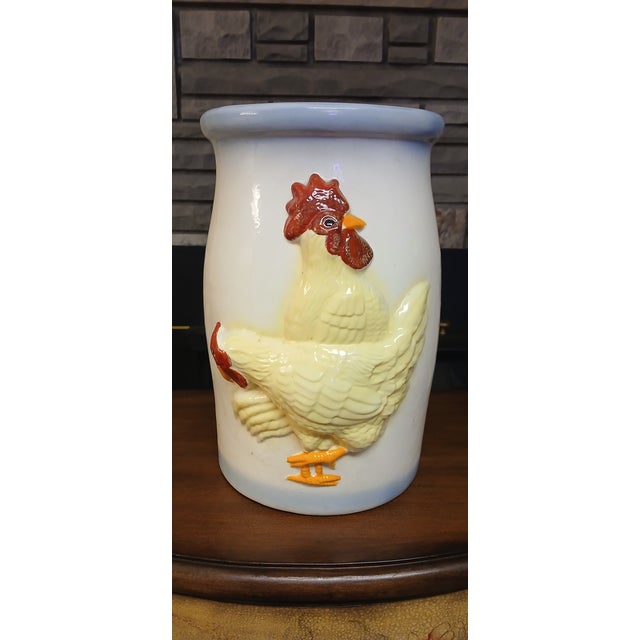 Farmhouse Vintage Ceramic Chicken Design Crock / Vase For Sale - Image 3 of 9
