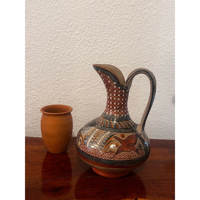 1970s Vintage Tonalá Mexican Pottery Pitcher Vase With Handpainted Floral and Bird Motifs For Sale - Image 5 of 10