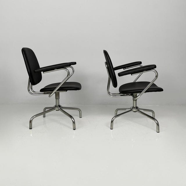 Italian Modern Swivel Office Chairs in Steel and Faux Leather, 1960s, Set of 2 For Sale - Image 3 of 17