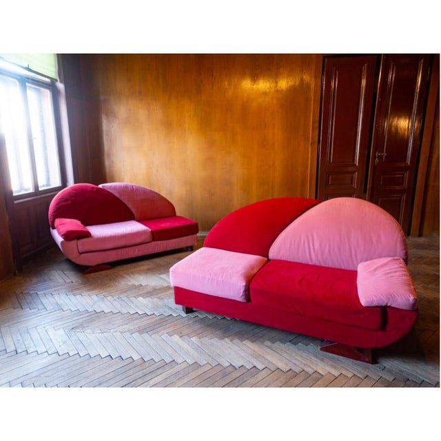 Set of Postmodern Pink and Red Alcantara Sofas, Italy, 1980s For Sale - Image 12 of 15