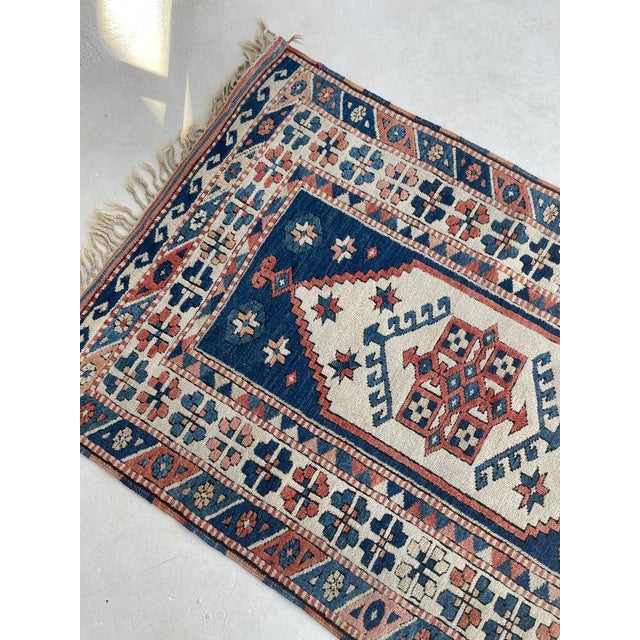 Vintage Turkish Navy, Blush, Apricot, Soft Salmon, Beige with Braided Fringe Rug 3.5 x 5.8 For Sale - Image 9 of 10
