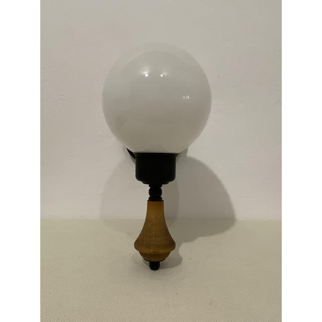 Black Vintage Opal Glass Globe Wall Lamp with Wood Detail, Europe, 1970s For Sale - Image 8 of 16