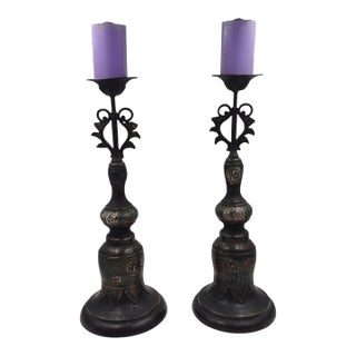 Pair of Late 19th Century Chinese Cloisonné Enamel and Bronze Candlesticks - 16" For Sale