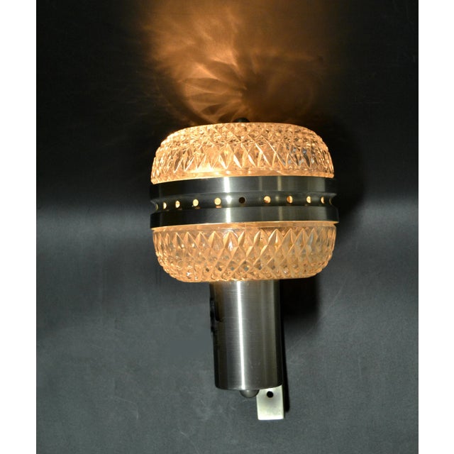 1980s Mid-Century Modern Italian Brushed Stainless Steel & Cut Glass Sconces - Pair For Sale - Image 5 of 13