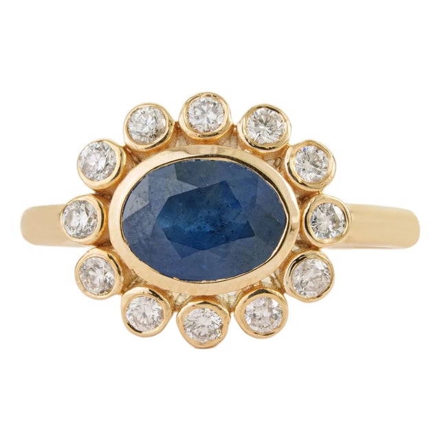 Modern 1.83ct Natural Sapphire Diamond Statement Ring in 14k Yellow Gold Size 9 For Sale