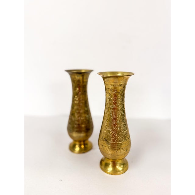 Pair of Vintage Hand Etched Brass Flower Vase Hollywood Regency Vessels MCM For Sale In Tampa - Image 6 of 8