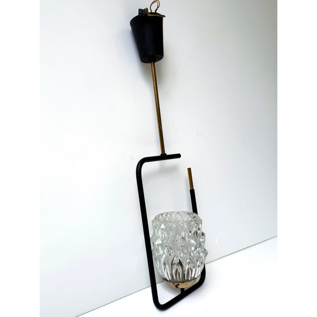Mid-Century Modern French Mid-Century Modern Black Metal, Brass & Pressed Glass Pendant Light, France, 1950s For Sale - Image 3 of 7