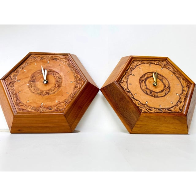 1960's Hexagon Wood & Tooled Leather Wall Clocks – Working Pair For Sale - Image 11 of 16