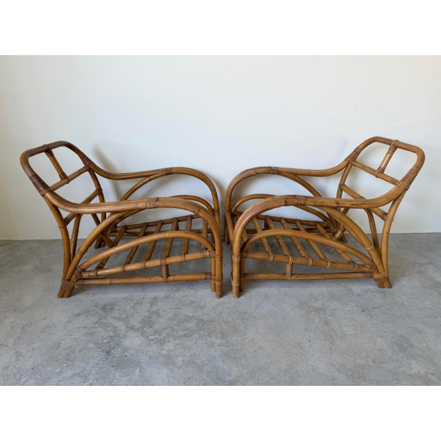 1960s Mid-Century Paul Frankl Style Bamboo & Rattan Lounge Chairs – A Pair For Sale - Image 5 of 12