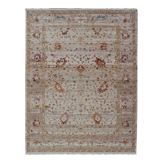 Modern Oushak Muted Rug in Earthy Tones on a Cream Background 10'1 X 14'1 For Sale
