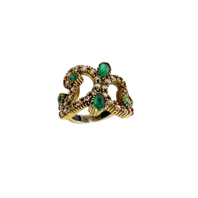 Silver Intage Sterling Silver Ring W/ Natural Emerald and Diamond Size 4 For Sale - Image 8 of 9