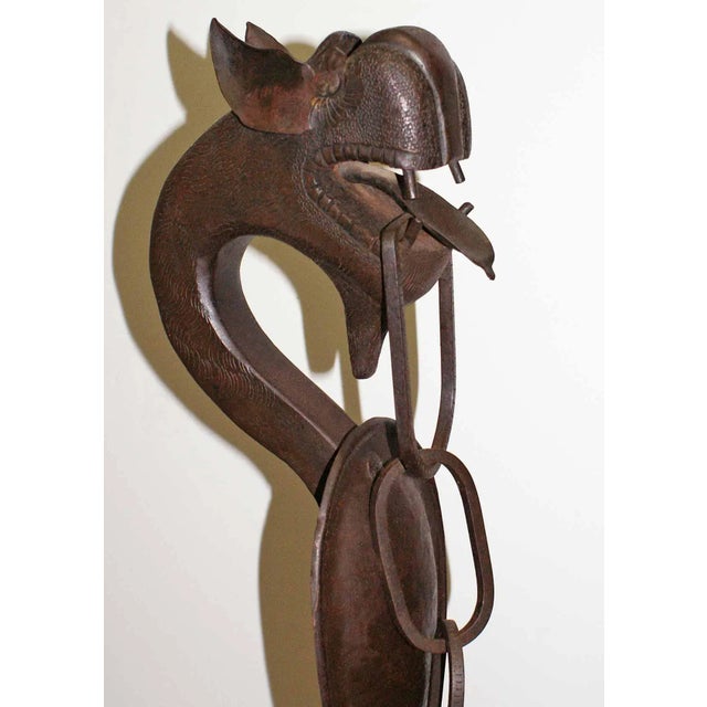 Traditional Antique Folk Art Andirons With Chain Mouthed Griffins and Cross Bracket Poker - A Pair For Sale - Image 3 of 4
