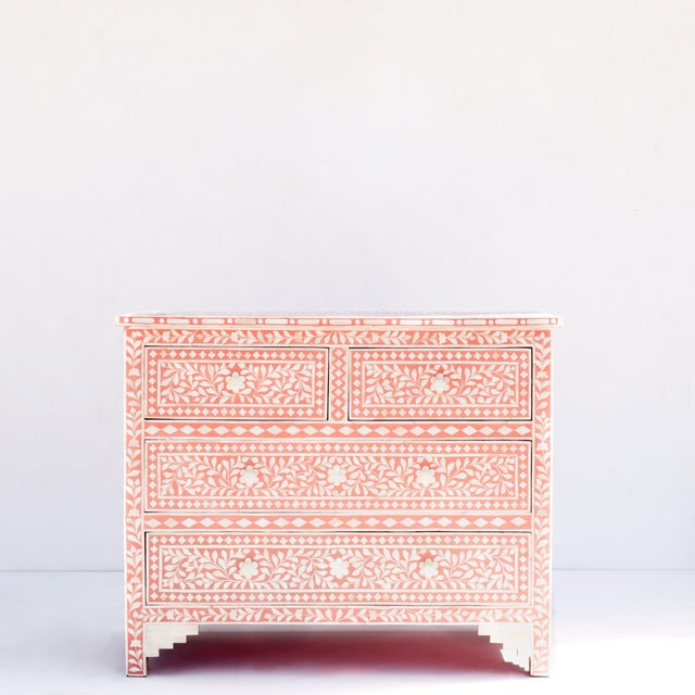 Not Yet Made - Made To Order Arabesque Bone Inlay Four-Drawer Chest – Coral Pink by House of Jaipur For Sale - Image 5 of 6