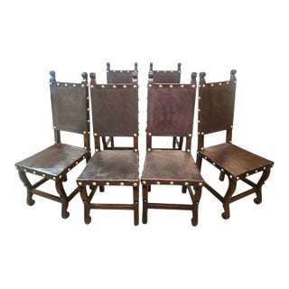Set of 6 Authentic Hand-Carved Peruvian Leather Dining Chairs With Sol De Oro Coin Details For Sale