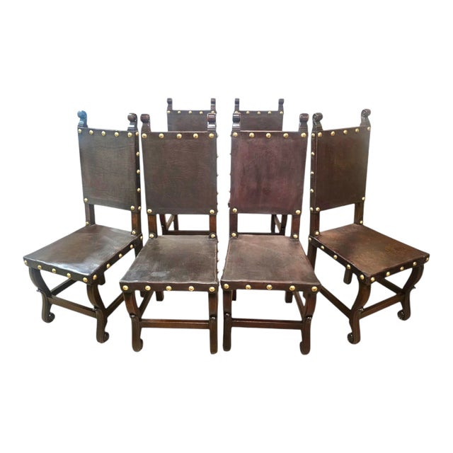 Set of 6 Authentic Hand-Carved Peruvian Leather Dining Chairs With Sol De Oro Coin Details For Sale