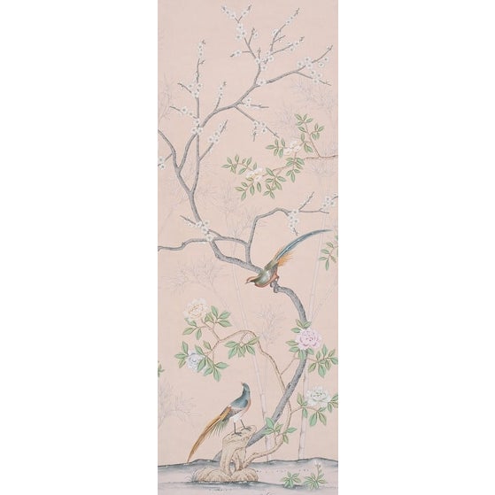 Handpainted Silk Wallpaper, Chinoiserie Birds and Bamboo, Chinoiserie Handmade Wallpaper Mural - Set of 4 For Sale - Image 9 of 12