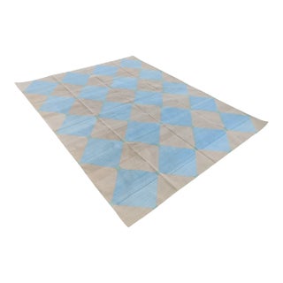 Handmade Cotton Area Rug Natural Vegetable Dyed Reversible Beige Blue Tile Pattern Rug - 10'x14' For Sale