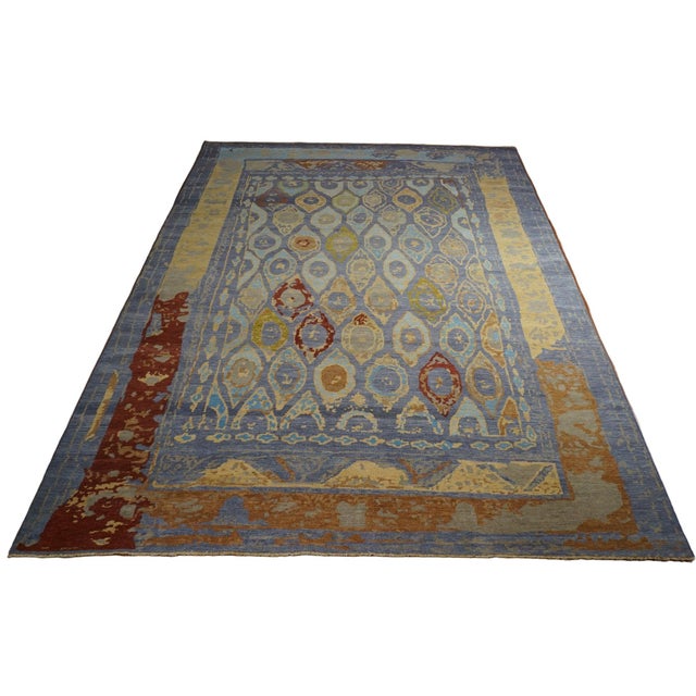 Islamic 21st Century Afghan Sultanabad Wool 9 x 12 Blue, Ivory & Yellow Handmade Area Rug #1143266 For Sale - Image 3 of 3