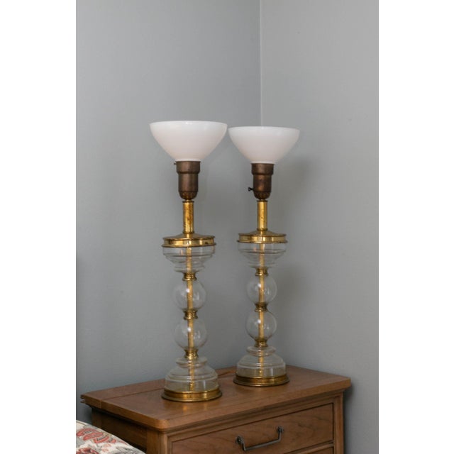 Vintage Brass & Glass Column Table Lamps – Paul Hanson Style – Milk Glass Shades – 3-Way - a Pair For Sale - Image 13 of 18
