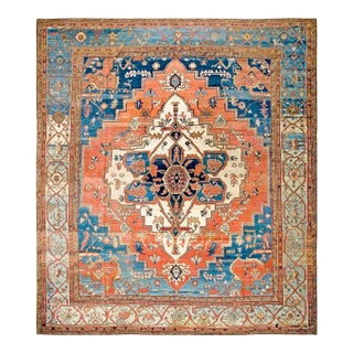 1880s Red Blue Geometric Antique Serapi Rug 12'6" X 14'6" Handknotted Wool Carpet For Sale