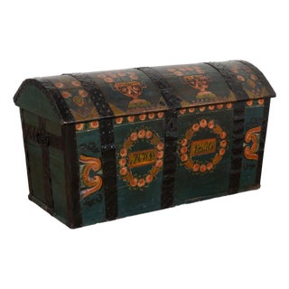Original Hand Painted Teal Oak Dome Top Swedish Trunk Dated 1846 For Sale