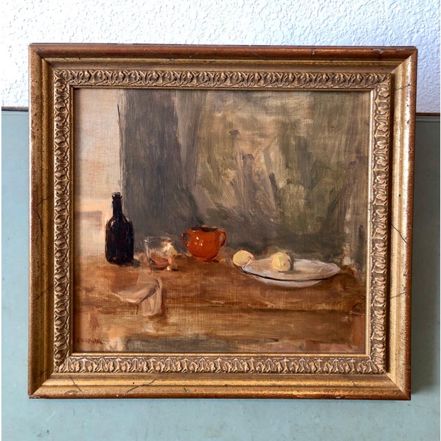 Seymour Remenick, Seymour Remenick Still Life Table Scape Oil Painting with Bottle and Fruit For Sale In Miami - Image 6 of 6