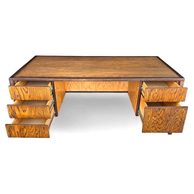 Vintage 1980s Executive Oak Desk – Restored Walnut & Golden Oak Finish, 5 Locking Drawers For Sale - Image 12 of 17