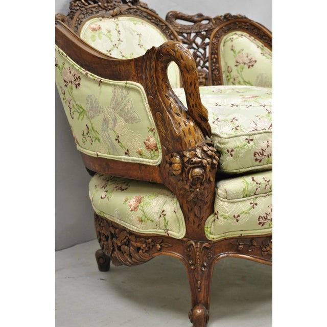 Antique Italian Regency Swan Carved Walnut French Victorian Club Lounge Chair For Sale - Image 16 of 18
