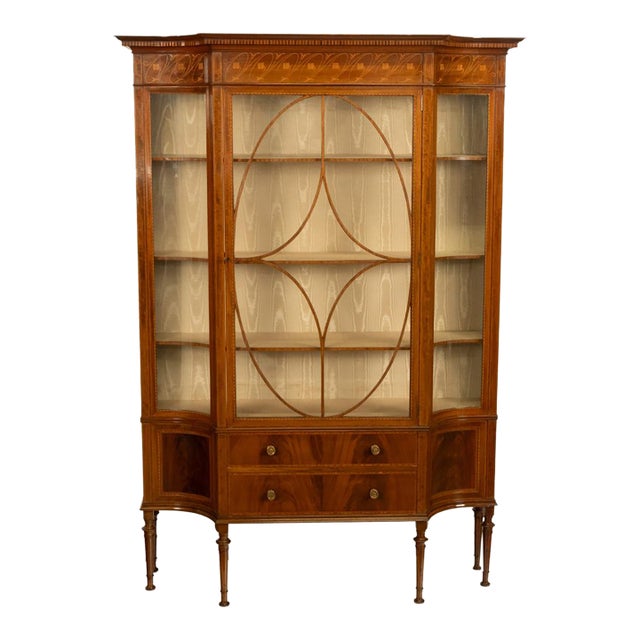 Antique Art Nouveau Inlaid Mahogany Display China Cabinet Vitrine Waring Gillow, 1905 For Sale