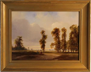 Wilhelm August Krause, Romantic Landscape with Peasant Couple, Early 19th Century, Oil on Wood, Framed