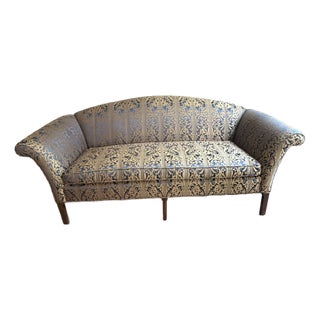Rose Tarlow Melrose House Custom Curved Sofa – Blue & Gold Damask Upholstery – Collector‑Grade For Sale