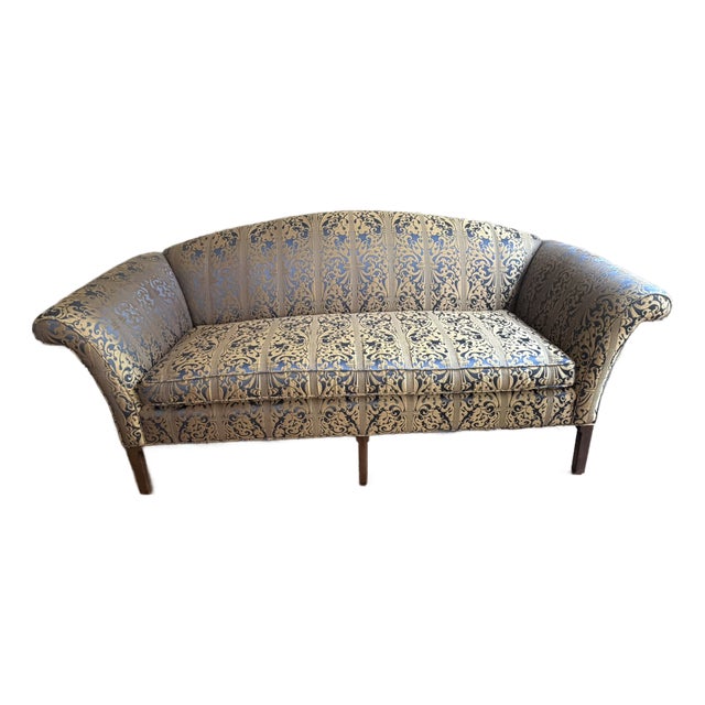 Rose Tarlow Melrose House Custom Curved Sofa – Blue & Gold Damask Upholstery – Collector‑Grade For Sale