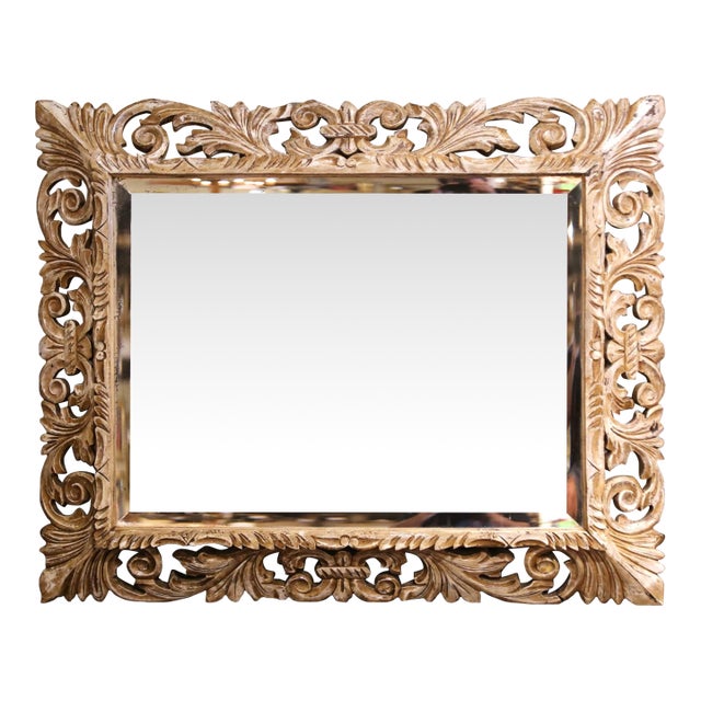 19th Century French Baroque Carved Painted Wall Mirror With Beveled Glass For Sale