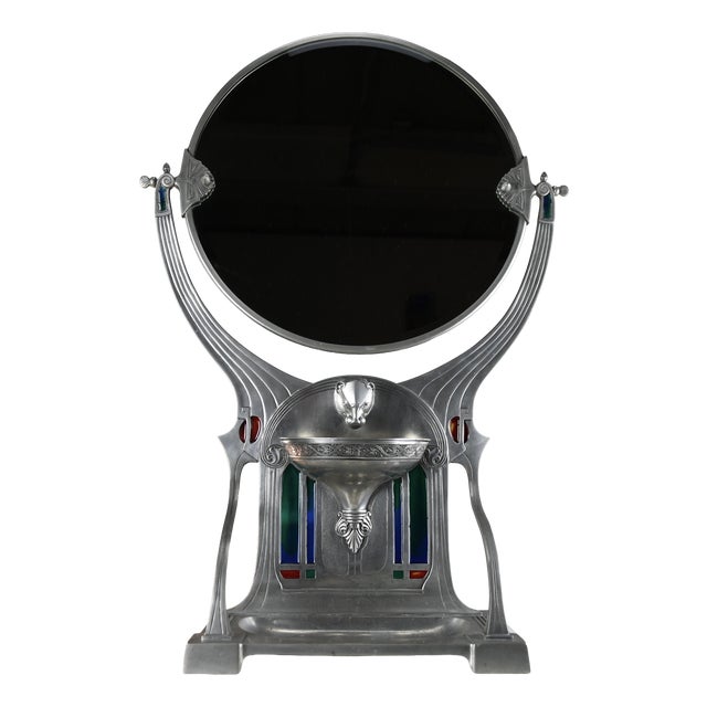Jugendstil Alpacca Silver-Plated Vanity Mirror with Polychrome Glass Inlays from WMF, 1900s For Sale